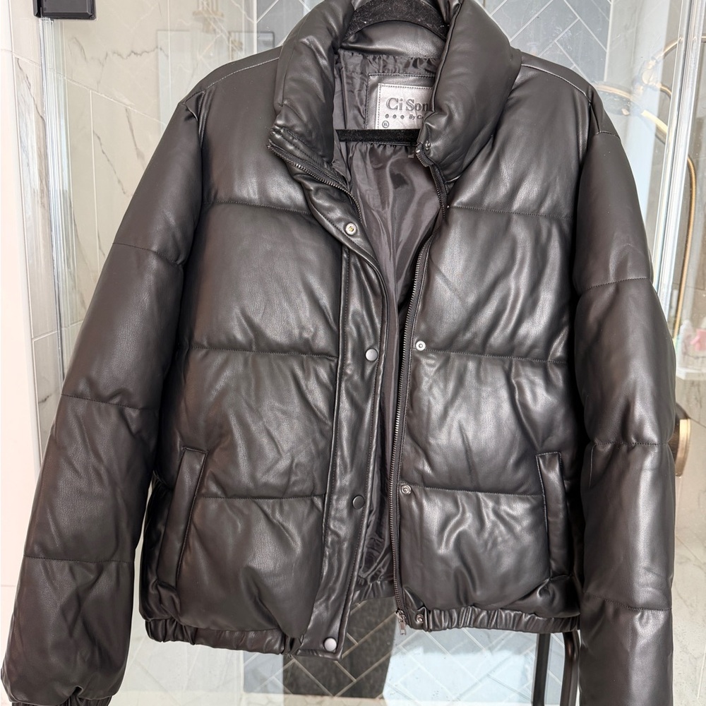 Ci Sono Black Puffer Leather Jacket - Quilted